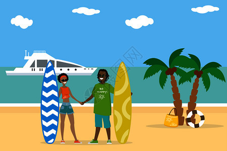 非洲夫妇在海滩上持有冲浪板矢量插图图片