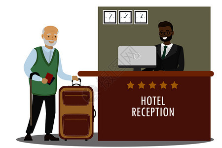 非洲的美洲的男接待员和causin老年游客在接待台前旅行招待酒店预订概念卡通平方矢量图老年游客图片
