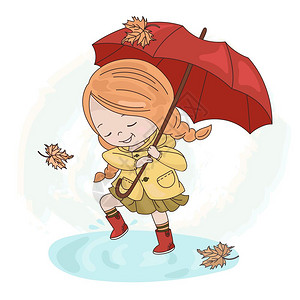 下雨打伞的小女孩矢量插图图片