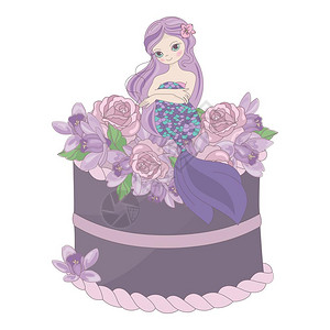 美人鱼蛋糕花朵甜公主的矢量插图集图片