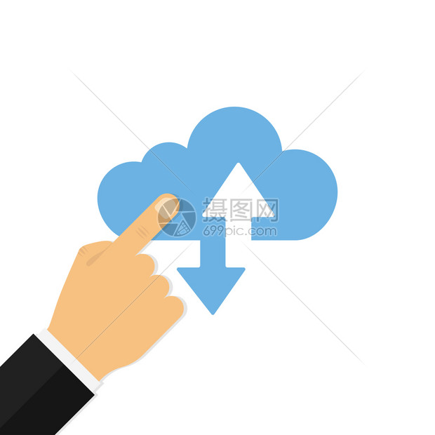 用手指蓝云亲点击互联网技术概念络或信息设计云号孤立的平板设计eps10用手指蓝云亲点击孤立的平板设计图片