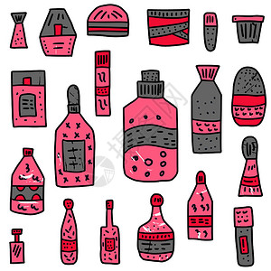 成套美容用品卫生小瓶管子和包装涂鸦风格矢量图解图片