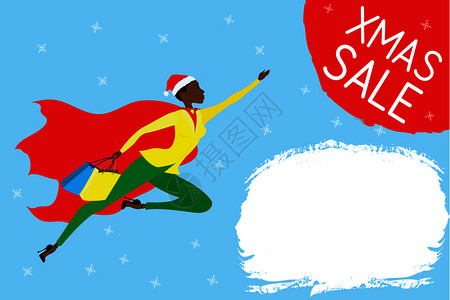 Africanrpi美洲超级女有红色斗篷和购物袋的超级女飞来进行Xmas销售折扣模板文本位置Victor插图图片