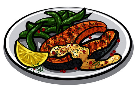 盘上加酱菠菜调味品和柠檬的烤鲑鱼牛排图片