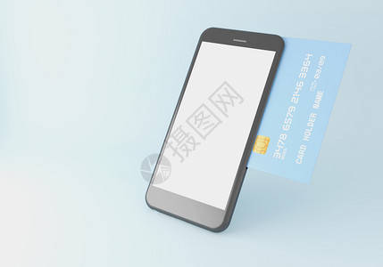 3d说明带信用卡的智能手机网上商店和电子务概念图片