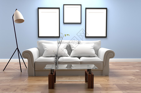 起居有常室内现代起居蓝色风格和木制地板框架在浅蓝色墙底的壁背景上玻璃桌有沙发和枕头灯花瓶的房间3d背景