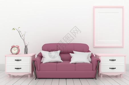 室内起居粉色优雅风格有名沙发时钟和植物白木地板空色墙壁图片