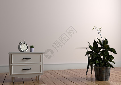 白色空壁背景的木地板上桌边植物花瓶和3D图片