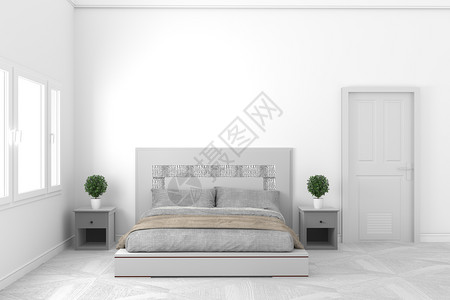 空概念美丽的白色床间空样式有白地板和墙壁背景3D背景图片