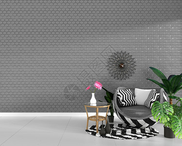 室内现代客厅装有手椅饰和绿色植物以六边灰色瓷砖纹身壁背景最小设计3D图片