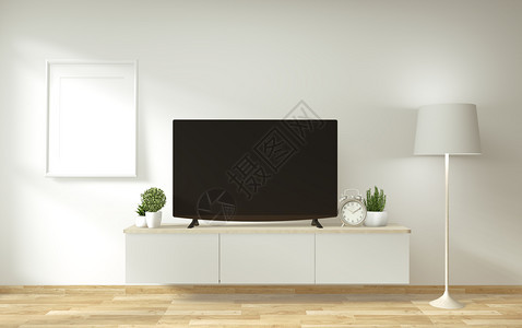 模拟tv柜子以最起码的室内设计和装饰式的日本风格3d显示背景图片