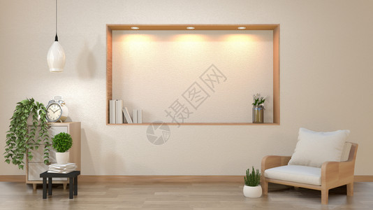 Zen客厅空白壁背景装饰日本雅潘风格设计在架墙上灯光降低3D背景图片