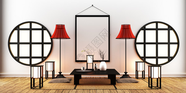 日本风格的房间设计三维渲染图片