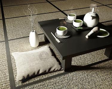 茶叶竹胡须勺子和茶粉在塔米垫上低桌的绿色配青茶勺子和粉图片