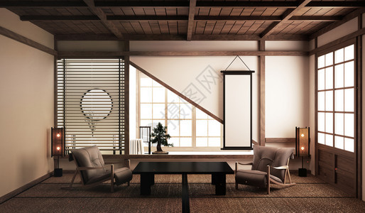 室内设计有低桌的现代客厅军用椅子邦赛树和装饰日本风格的现代客厅图片