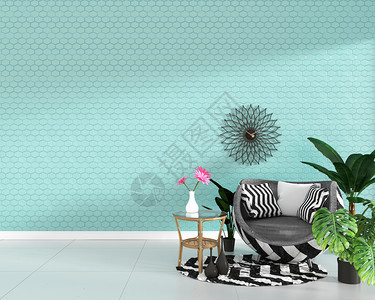 内置现代客厅装有手椅饰和绿色植物以六角薄面瓷砖板壁背景最小设计3D铸造图片