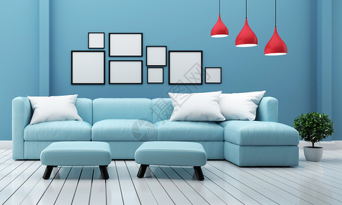 最起码设计室内客厅有沙发植物和蓝色墙底的灯具3D图片