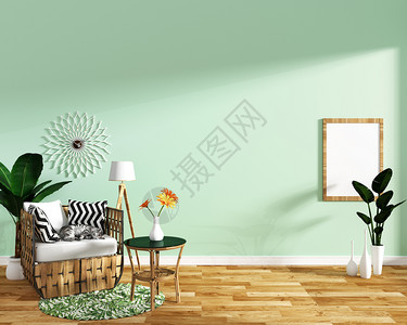 室内现代客厅配有椅子装饰和绿色植物以薄荷瓷质板壁背景最小设计3d铸造背景图片