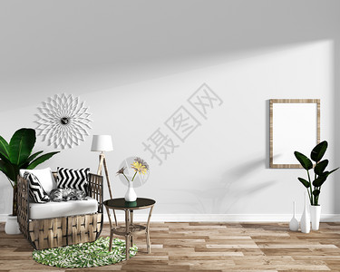 室内现代客厅有沙发装饰和绿色植物在木制地板最小设计3D木制地板的白色墙底壁背景上背景图片