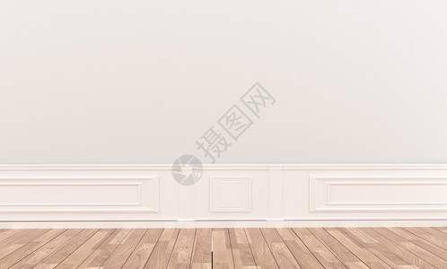 白色空房有墙壁和木制面板地3D图片