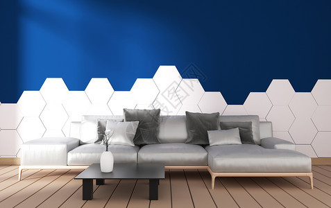 室内现代起居装有手椅饰和绿色植物在白壁背景最小设计3D图片