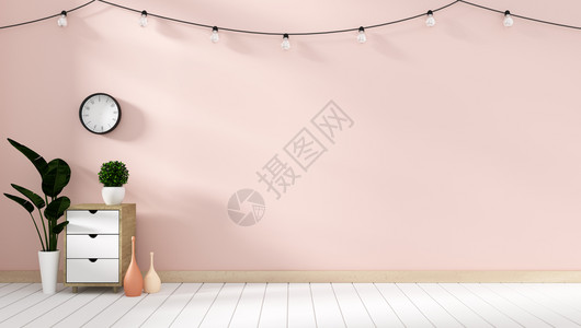 粉红色客厅装有白木地板的现代海报柜图片