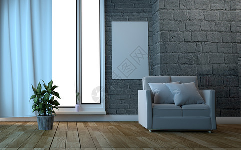 纯灰色背景有沙发的起居室枕头灯和白墙背景的花朵3D背景