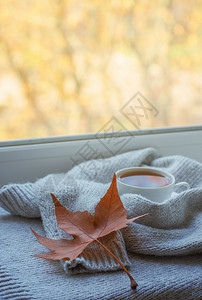 在秋天的窗口上泡茶图片