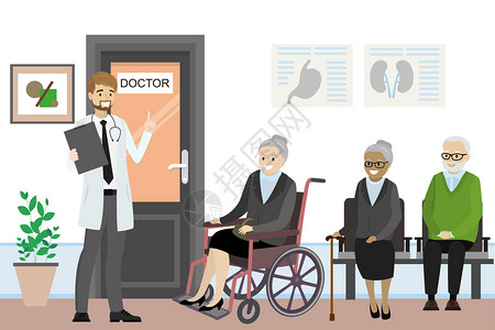 医生和办公室和老年人正在等待着卡通的大门办公室和老年人正在等待着办公室前面的causin男护士黄页矢量插图医生和办公室和老年人正背景图片
