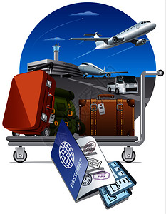 说明飞机场推车上的行李和携带机票的护照概念旅行机场推车上的行李图片