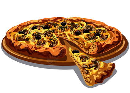 木板上配有蘑菇橄榄和奶酪的披萨图片