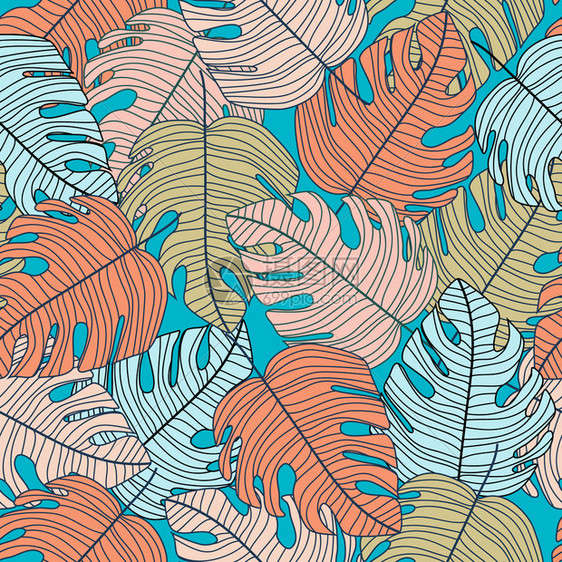 热带模式植物叶无缝模式印刷纺织物时装内衣包纸概念的潮流设计矢量说明创造怪物背景植叶无缝模式图片