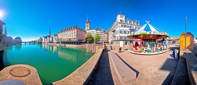 苏黎世和利马特河水边多彩色全景瑞士最大的城市图片