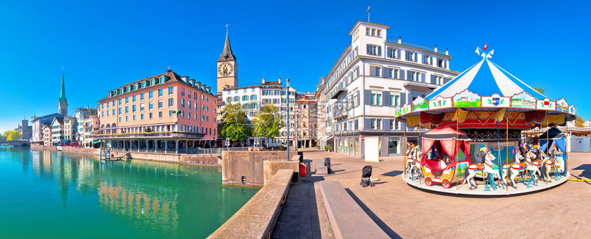 苏黎世和利马特河水边多彩色全景瑞士最大的城市图片
