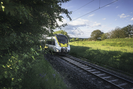 在阳光明媚的白天穿越绿色自然景观的高速德国列车图片