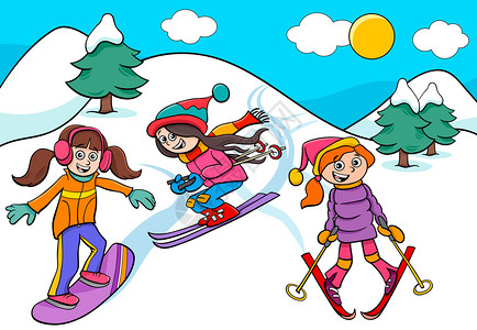 青少年滑雪冬季滑雪和女孩角色的漫画插图插画