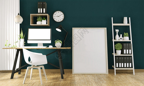 白色和绿色用空白屏幕装饰的模拟计算机和办公室装饰品模拟背景3d背景