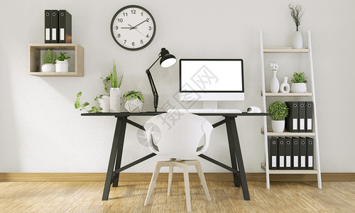 桌面电脑用空白屏幕装饰的模拟计算机和办公室装饰品模拟背景3d背景