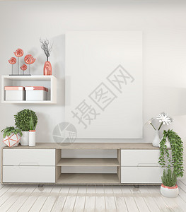 现代空房间里的modtv架子柜装上海报框和白色墙壁的日本风格3D翻譯图片