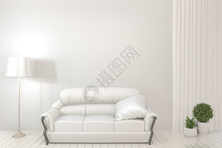 家具海报背景室内海报在客厅模拟木架沙发植物和灯具白色墙面设计最起码背景