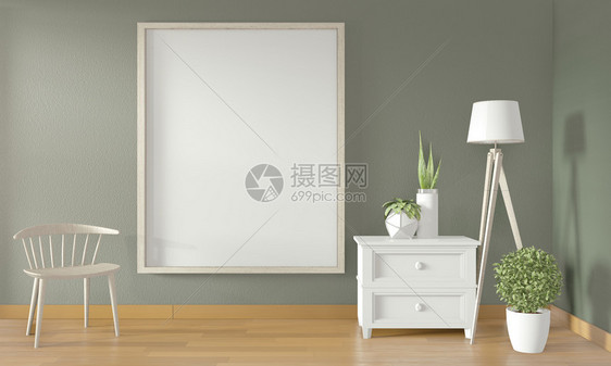 绿色墙壁白椅子和装饰最起码设计3d图片