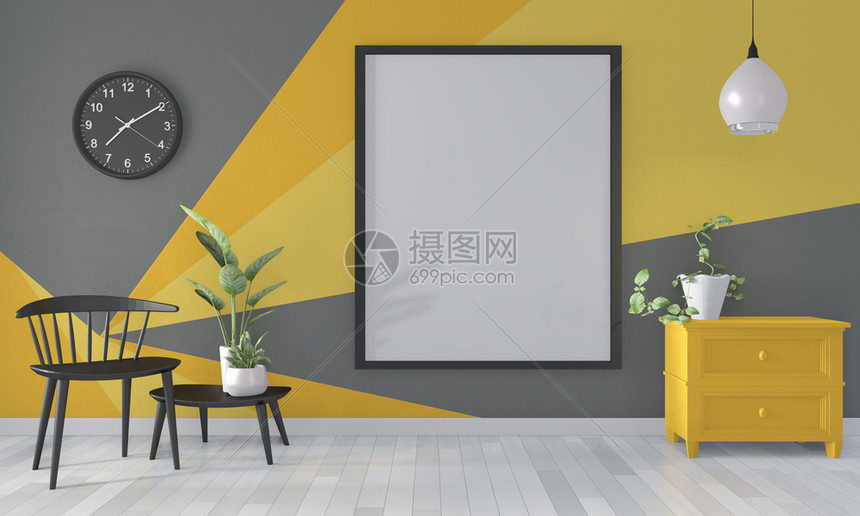 黑色和黄房间几何壁画油漆设计木制地板上全色的彩3d图片