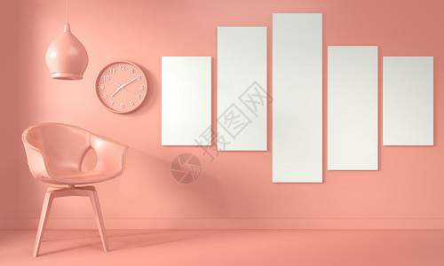 模拟海报框架和椅子起居室灯内活珊瑚风格3d图片