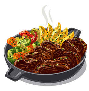 以烤肉和蔬菜为例的烤肉和锅中蔬菜肉和图片