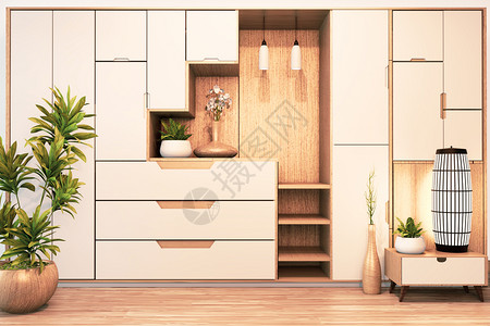家具衣柜空房间里的木制日本式最小3d背景