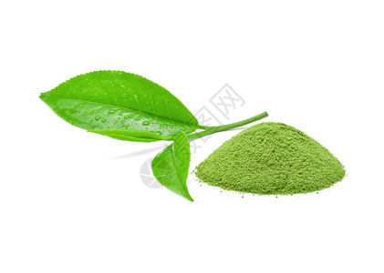 白色背景的绿茶粉和叶图片