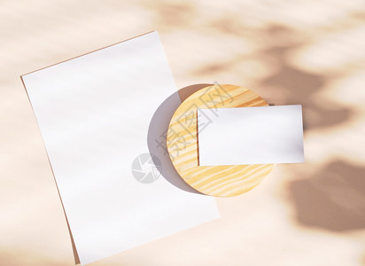在黄色背景光和影子形状树叶最低设计概念上标有身份商业名卡和空白纸的品牌身份商业名卡和空白纸图片
