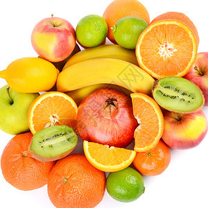在白色背景上隔离的一组水果个健康的甜点从上面看图片
