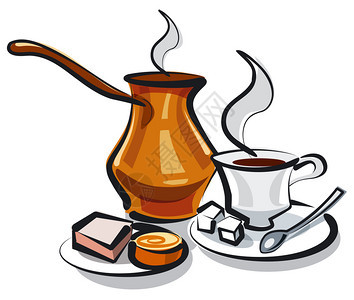 传统土耳其咖啡与甜食的插图图片
