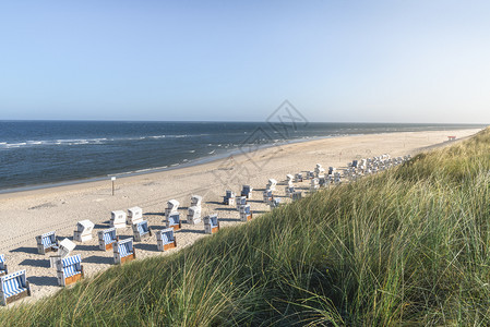 夏季海滩风景有电线椅高草丘北海水在锡尔特岛德国阳光明媚的暑假环境图片